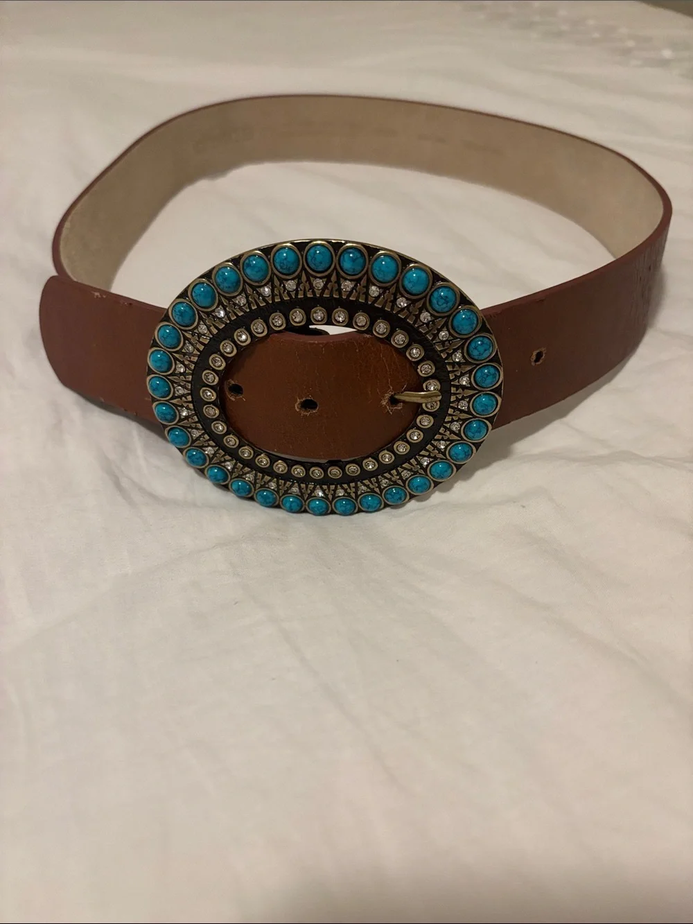 Chico’s Belt brown leather size medium aqua & diamond like jeweled buckle
